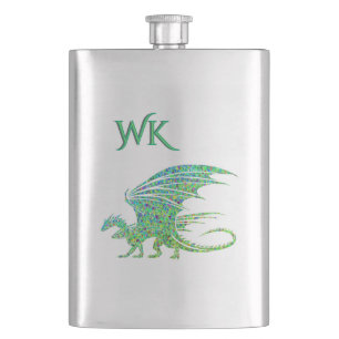 Amazing Green Mosaic Dragon Monogram Hip Flask