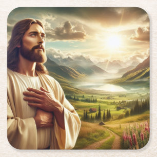 Amazing Jesus Christ Digital Painting Square Paper Coaster