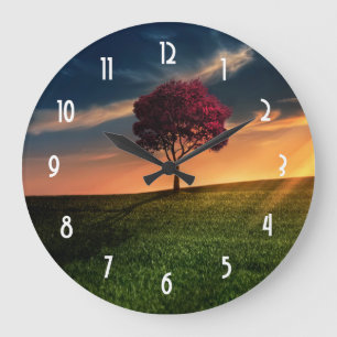 Amazing Landscape with a Red Tree at Sunset Large Clock