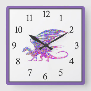 Amazing Mosaic Dragon Purple Black Numbers Square Wall Clock