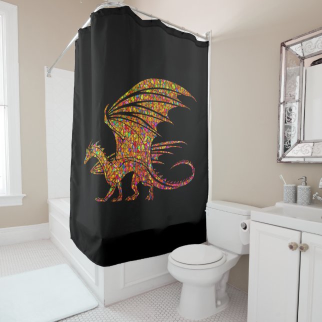 Amazing Mosaic Rustic Dragon on Black Shower Curtain (In Situ)