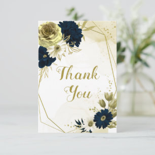Amazing navy blue ivory flowers gold geometric thank you card