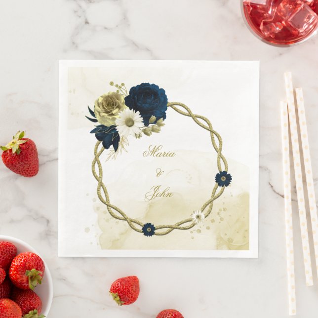 Amazing navy blue ivory gold floral wreath napkin (Insitu)