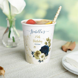 Amazing navy blue ivory gold flowers paper cups