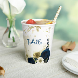Amazing navy blue ivory gold flowers paper cups