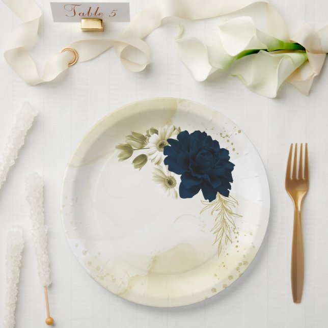Amazing navy blue ivory gold flowers paper plate (Wedding)