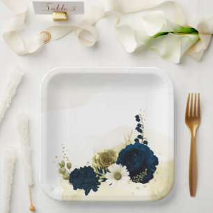 Amazing navy blue ivory gold flowers paper plate
