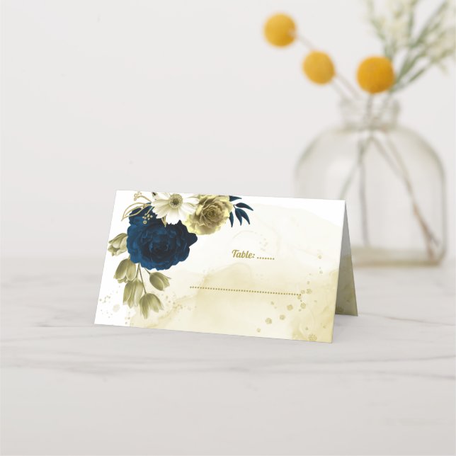 Amazing navy blue ivory gold flowers place card (Front)