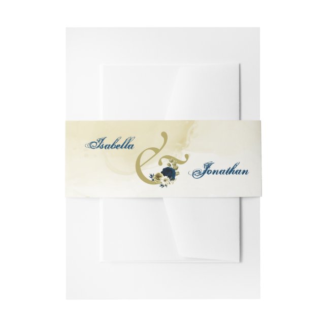 Amazing navy blue ivory gold flowers wedding invitation belly band (Front Example)