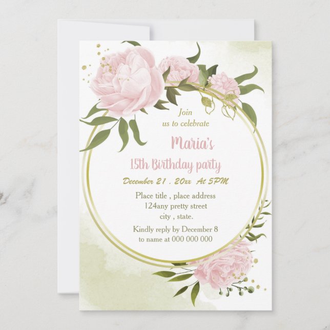  amazing pink flowers gold wreath birthday party invitation (Front)