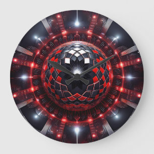 Amazing Red/Black Checkered Mandelbrot Starbursts Large Clock
