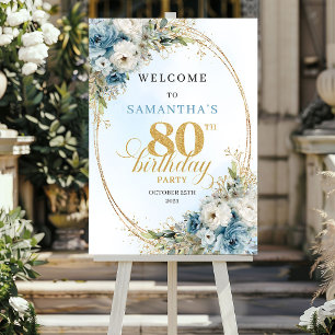 Amazing Rustic dusty blue gold 80 birthday welcome Poster