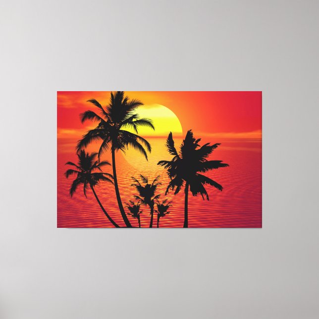 Amazing sunset with palms on tropical beach canvas print (Front)