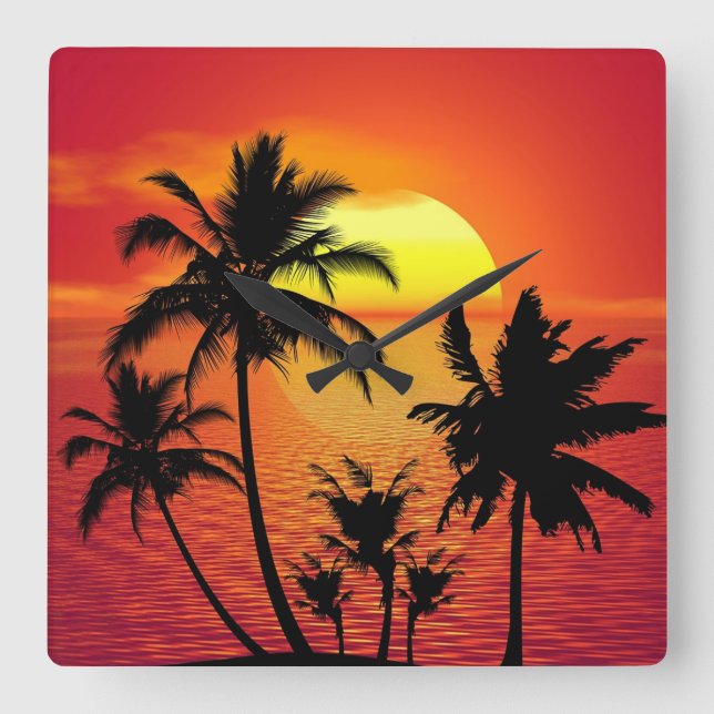 Amazing sunset with palms on tropical beach square wall clock (Front)