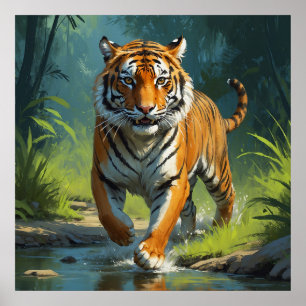 Amazing Tiger Running in the Jungle Painting Poster