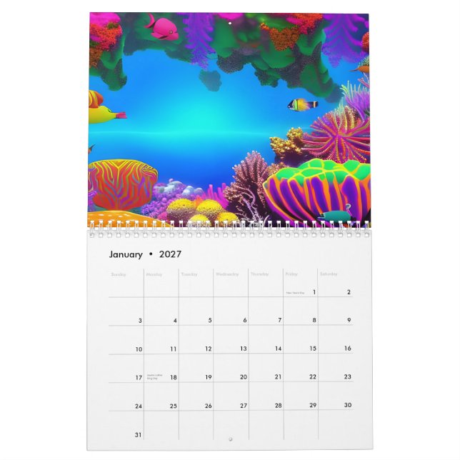 Amazing Underwater Fluorescent Coral Reef Drawing Calendar (Jan 2027)