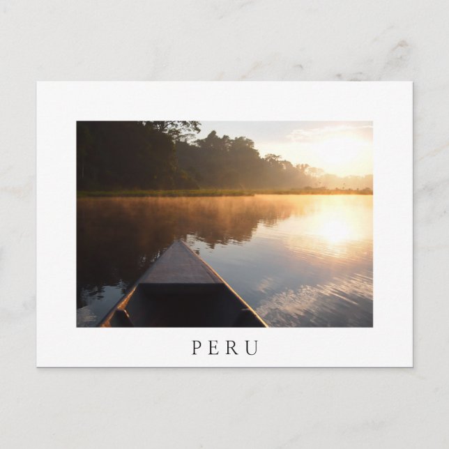 Amazon sunrise, Peru white text postcard (Front)