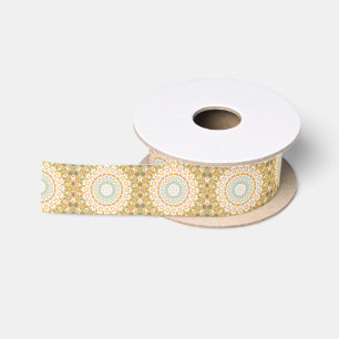 Amber and Green Retro Mandala Pattern Satin Ribbon
