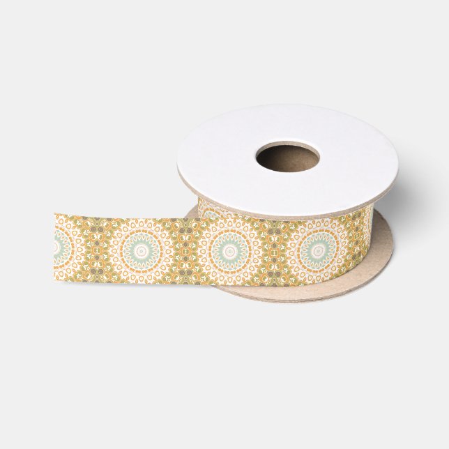 Amber and Green Retro Mandala Pattern Satin Ribbon (Spool)