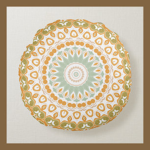 Amber and Olive Radiant Mandala Pattern Round Cushion