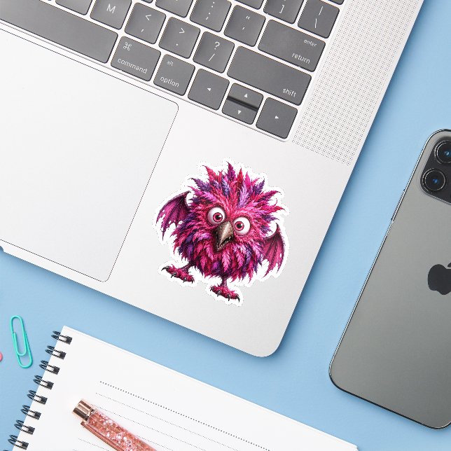 Amber - Big-Eyed Feathered Whimsical Monster  (Laptop w/ iPhone)