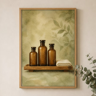 Amber Bottles on Teak Watercolour Farmhouse Poster