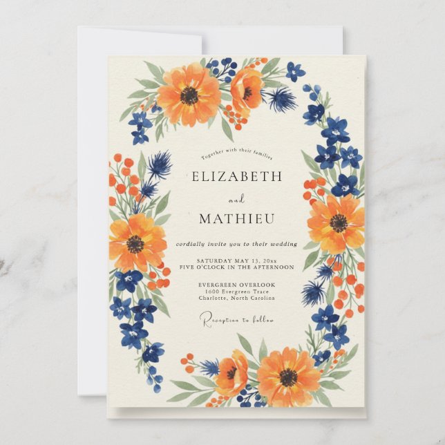 Amber Cobalt Cosmos Eucalyptus Wedding Invitation (Front)
