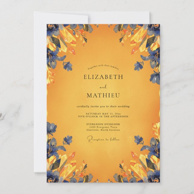 Amber Cobalt Leaf Wedding Invitation (Front)