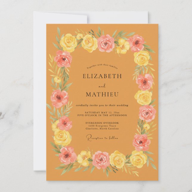 Amber Coral Peony Wedding Invitation (Front)