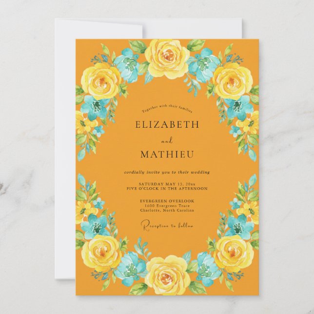 Amber Cyan Leafy Wedding Invitation (Front)