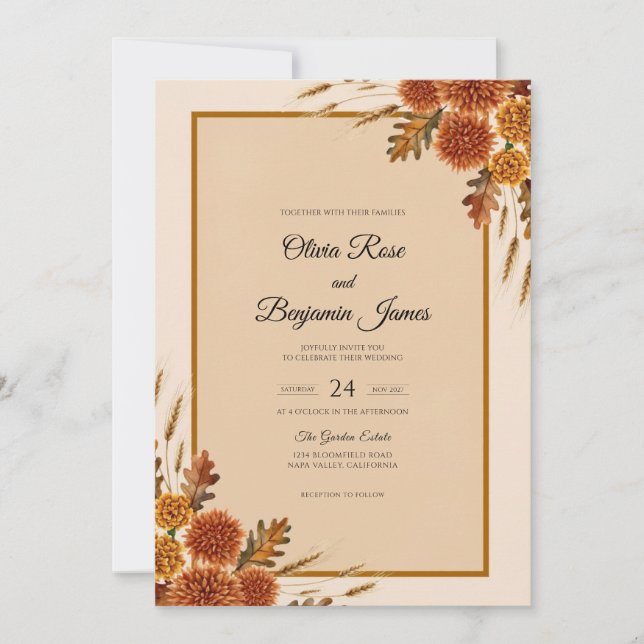 Amber Fall Marigold Eucalyptus Wedding Invitation (Front)
