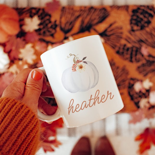 AMBER Floral White Pumpkin Custom Name Fall Coffee Mug (Creator Uploaded)