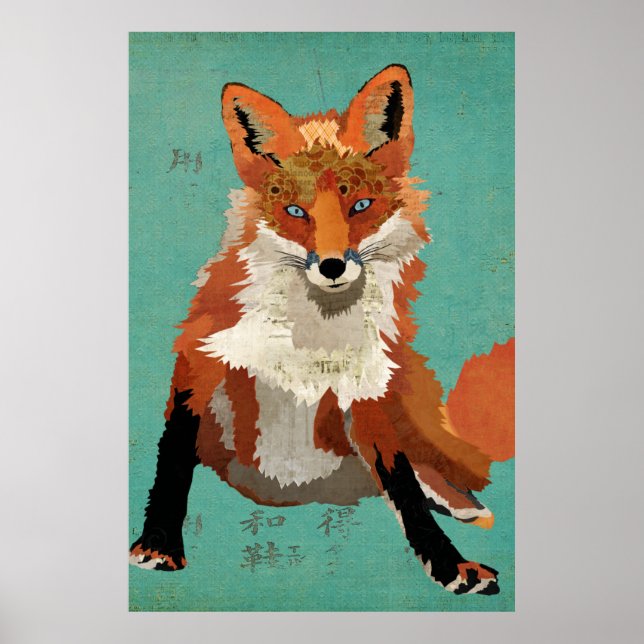 Amber Fox Retro Blue Art Poster (Front)