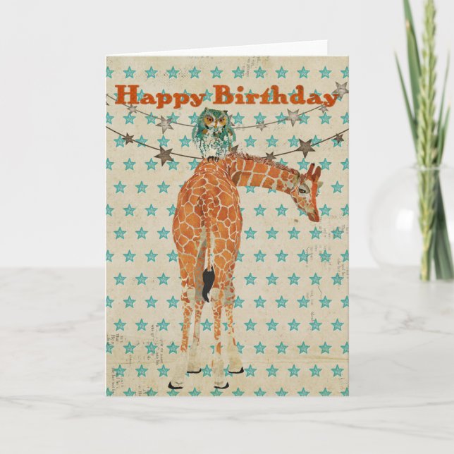 Amber Giraffe & Teal Owl Birthday Card (Front)
