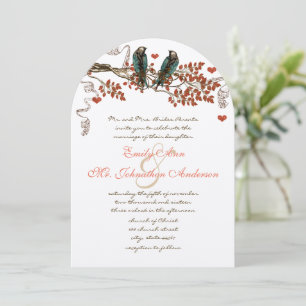 Amber Glow Fall Leaf Love Bird Wedding Invitation