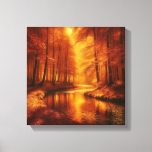 Amber Light Over Serene Autumn Forest River Canvas Print