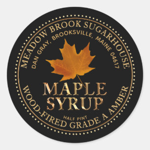 Amber Maple Leaf Metallic Maple-Syrup Colour font Classic Round Sticker