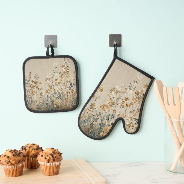 Amber meadow floral oven mitt & pot holder set (Insitu(Hanging))