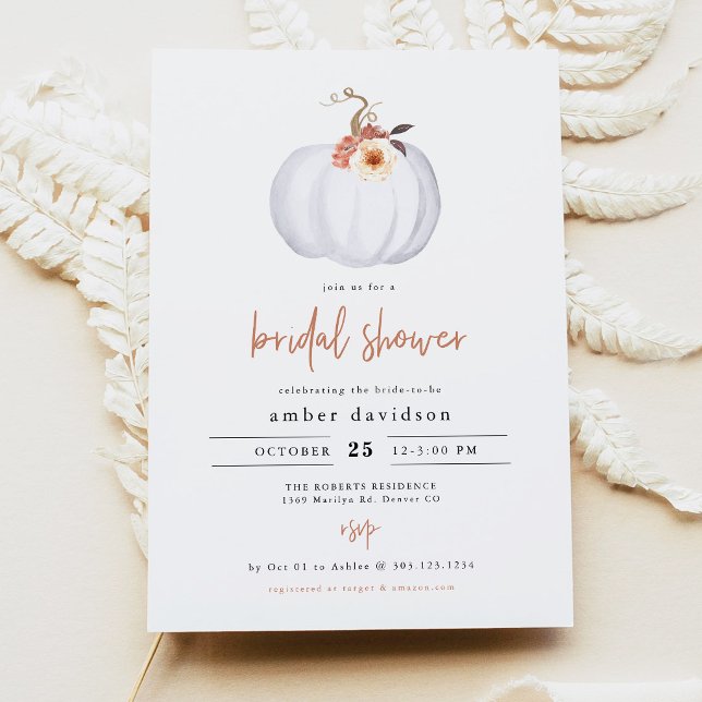 AMBER Modern Rustic White Pumpkin Bridal Shower Invitation (Terracotta Floral Little Pumpkin Bridal Shower Invitation)