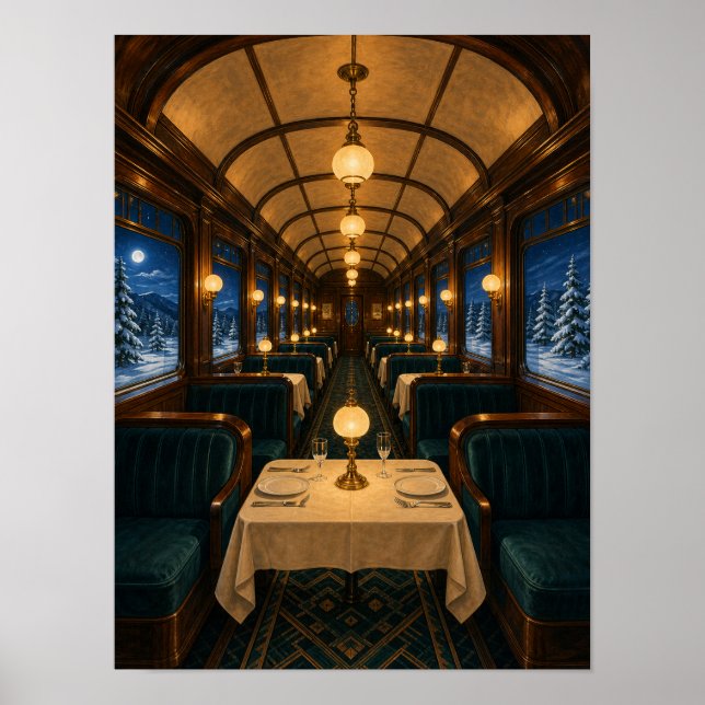 Amber Night Train Dining Car 12x16 Poster (Front)