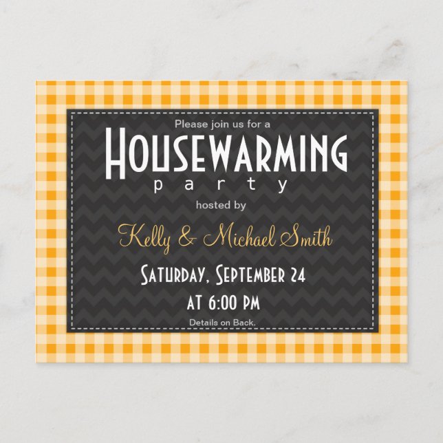 Amber Orange Gingham Housewarming Party Invitation Postcard (Front)