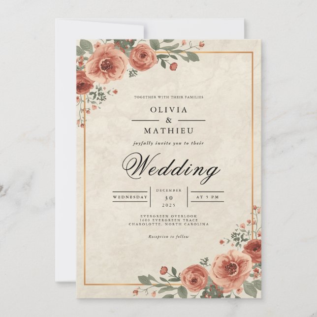 Amber Rose Blossom Border Wedding Invitation (Front)