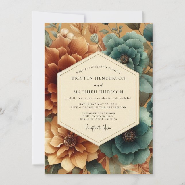 Amber Teal Bloom Romance Wedding Invitation (Front)