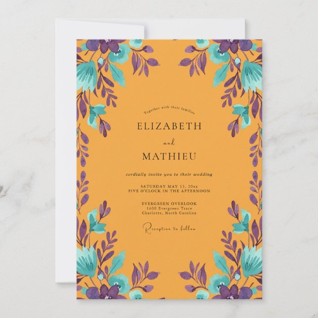 Amber Violet Leaf Wedding Invitation (Front)