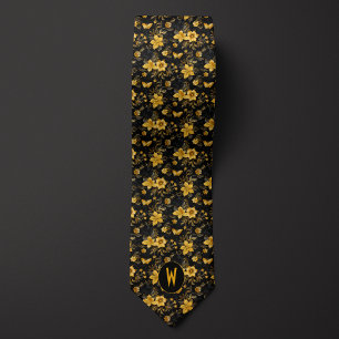Amber Yellow Floral on Black Tie