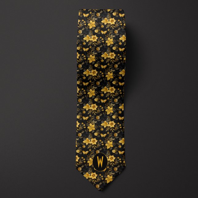 Amber Yellow Floral on Black Tie (Creator Uploaded)