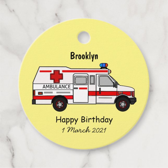 Ambulance cartoon illustration favour tags (Front)