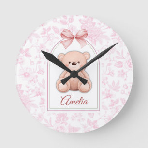 Amelia Custom Pink Teddy Bear Nursery Design Round Clock