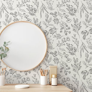 AMELIA Floral Boho Botanical Flower Cream and Grey Wallpaper