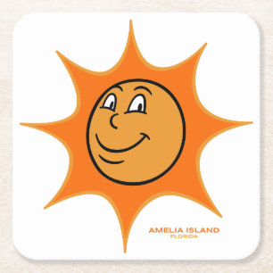 Amelia Island Big Vintage Smiling Sun Square Paper Coaster
